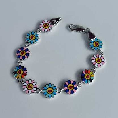 Sterling Silver Flower Enamel Filled  Charm Bracelet