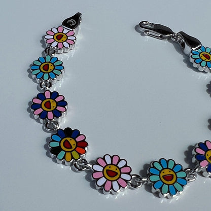Sterling Silver Flower Enamel Filled  Charm Bracelet